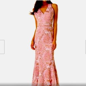 ALBERTO MAKALI evening gown pink/gold jacquard brocade mermaid SZ 8 nwt runs sm